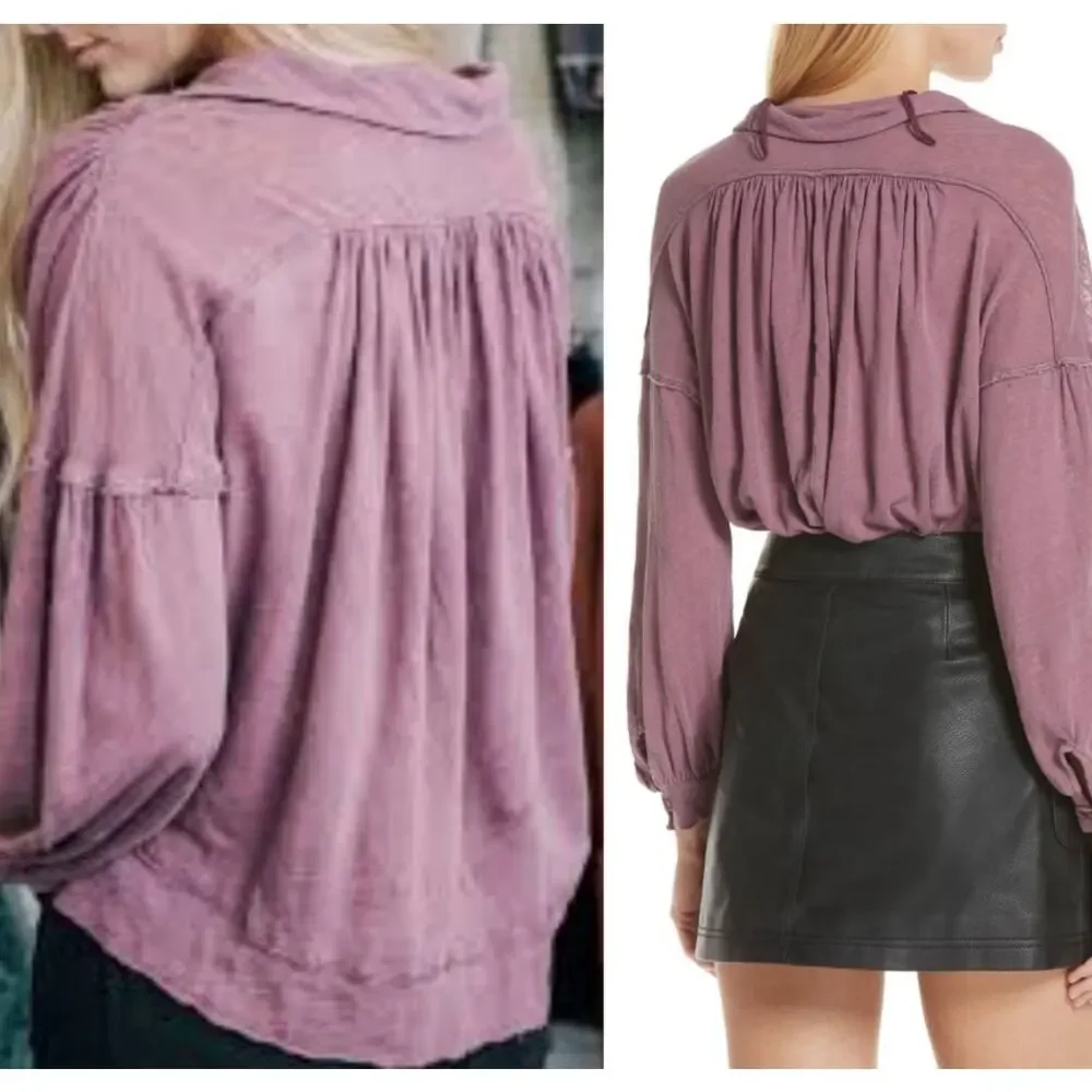 Free People rush hour mulberry peasant Henley top blouse v-neck NWT purple linen